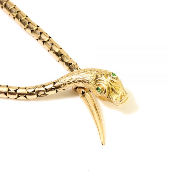Antique Victorian Yellow Gold Snake Necklace with Tourmaline Eyes, Circa 1860s