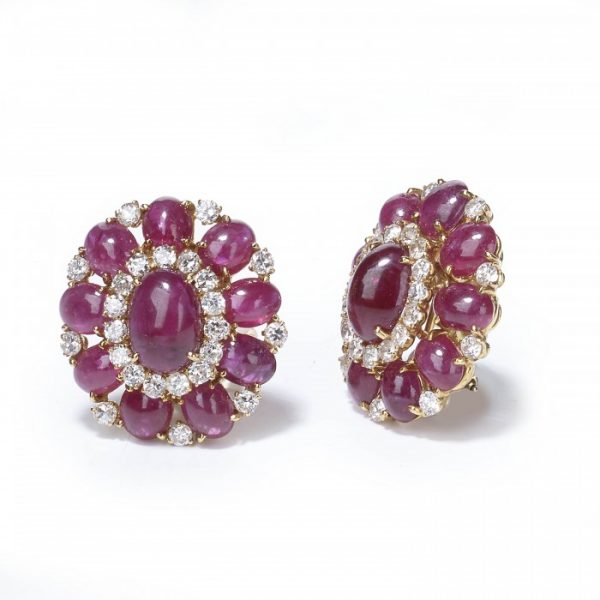 Vintage 1970s Cabochon Ruby and Diamond Cluster Earrings in18ct yellow gold. Rubies 25.25cts, Diamonds 2.90cts