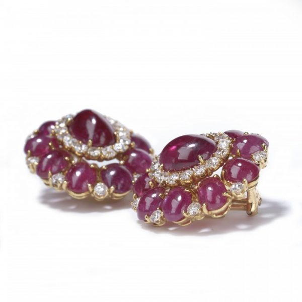 Vintage 1970s Cabochon Ruby and Diamond Cluster Earrings, 25.25 carats
