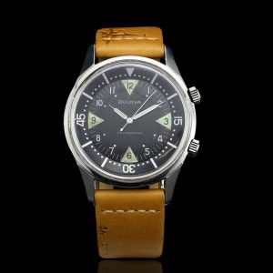 Bulova Oversized Supercompressor Vintage Diver 42mm Automatic Watch; black dial with Arabic numerals, on a tan brown leather strap, Circa 1960s