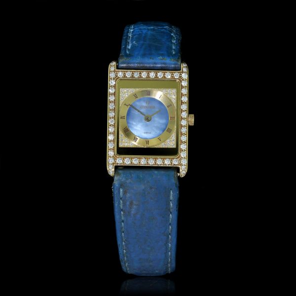 Concord Ladies 18ct Yellow Gold Quartz Wristwatch with Diamond Bezel; inner blue dial with outer gold dial with Roman numeral hour markers surrounded by diamonds, on original Concord blue leather strap
