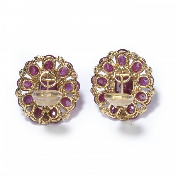 Vintage 1970s Cabochon Ruby and Diamond Cluster Earrings in 18ct Yellow Gold, 25.25 carats