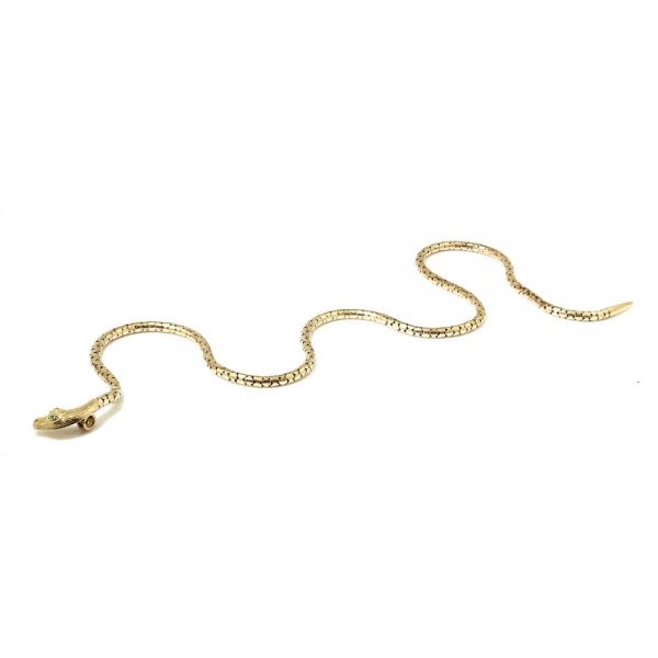 Antique Victorian Yellow Gold Snake Necklace with Tourmaline Eyes, crafted from 9ct yellow gold, Made in England, Circa 1860s