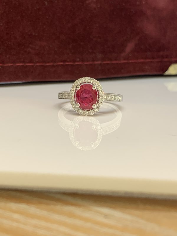 1.71ct Ruby and Diamond Halo Cluster Engagement Ring in 18ct White Gold, no indication of heat treatment