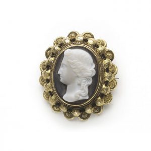 Antique Victorian Cameo Brooch Pendant, sardonyx agate cameo of a lady with Roman hairstyle, in a double row gold frame with a twisted chain and engraved stamped foliate surround, Circa 1875