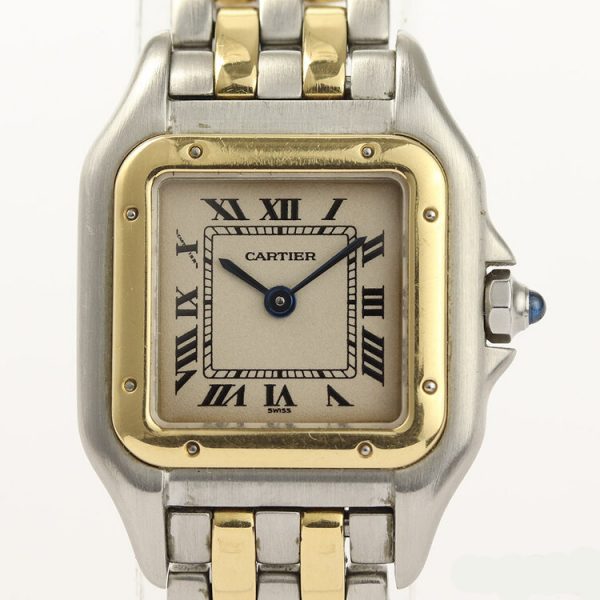 Vintage Cartier Panthere Ladies Steel and 18ct Gold 22mm Quartz Watch; white/cream dial with Roman numerals, sapphire cabochon crown and sapphire crystal, steel and gold "two line" bracelet with steel double-fold, Circa 1990s
