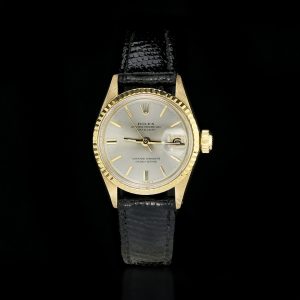 Vintage Rolex Ladies Datejust 18ct Yellow Gold Automatic Watch with Rare Silver Dial, Ref 6517-8, on original Rolex leather strap, Circa 1969