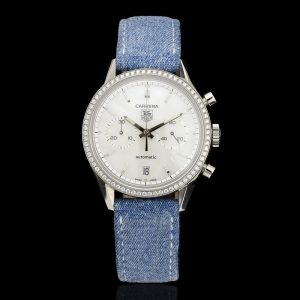 Tag Heuer Carrera 39mm Steel Automatic Watch with Diamond Set Bezel, ref CV2116, with a blue denim strap and additional black leather strap, in original box