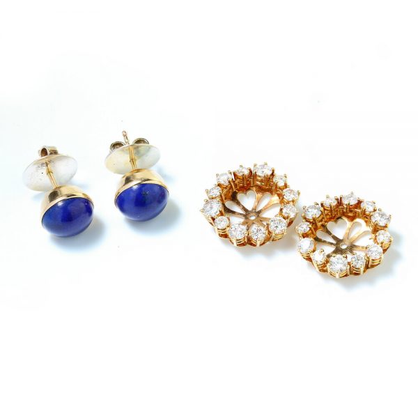 Vintage Lapis Lazuli and Diamond Cluster Day and Night Earrings; round cabochon-cut natural lapis lazuli surrounded by removeable 2.46ct diamond cluster, in 18ct yellow gold, Circa 1970s