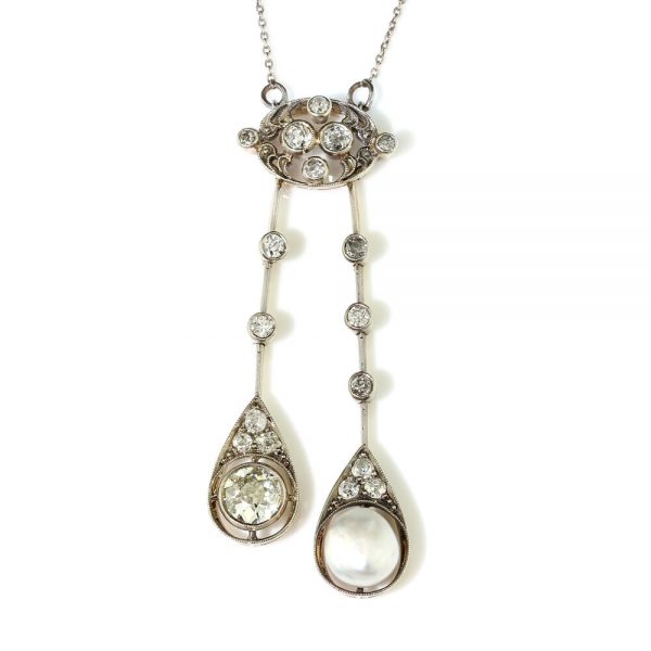 Antique Edwardian Natural Pearl and Old Cut Diamond Negligee Pendant Necklace