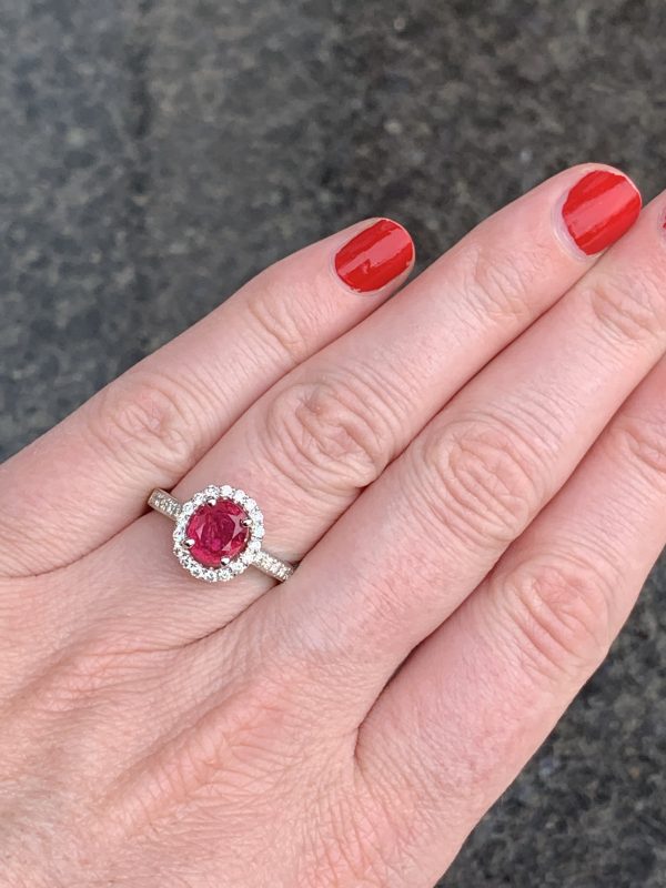 1.71ct Ruby and Diamond Halo Cluster Engagement Ring in 18ct White Gold
