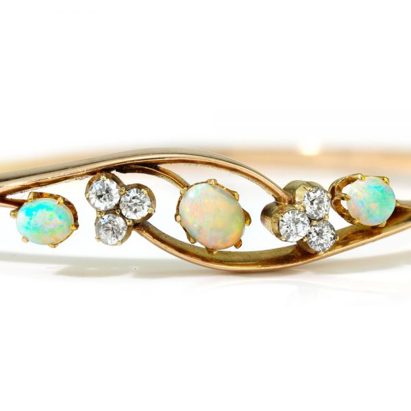 Antique Victorian Opal and Old Cut Diamond Bangle Bracelet in 15ct Gold, Circa 1860s