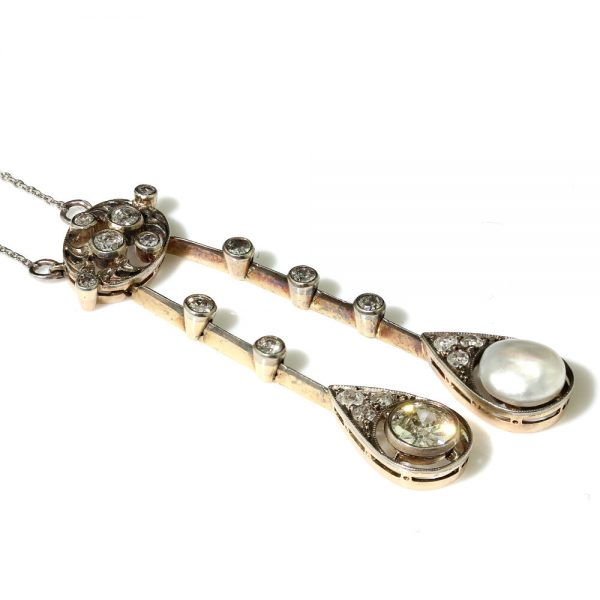 Antique Edwardian Natural Pearl and Old Cut Diamond Negligee Pendant Necklace