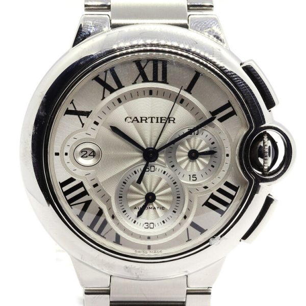 Cartier Ballon Bleu 3109 Stainless Steel 44mm Automatic Chronograph Watch; silver guilloche dial with Roman numerals, date aperture at 9, two chronograph dials, blue cabochon gem set crown and sapphire crystal, on a Cartier stainless steel bracelet, Comes in a Cartier box