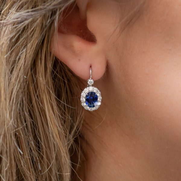 2.43ct Sapphire, Diamond and Platinum Oval Cluster Drop Earrings