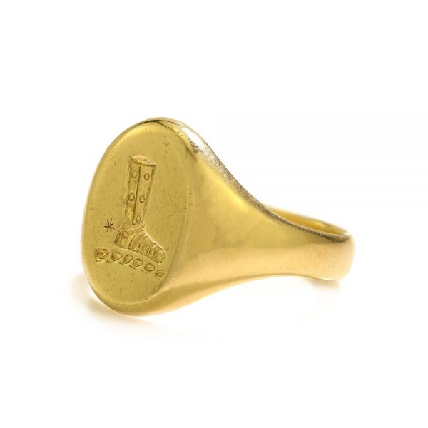 Vintage 18ct Yellow Gold Seal Ring with Cowboy Boot Seal, Made in England, Sheffield, Circa 1970