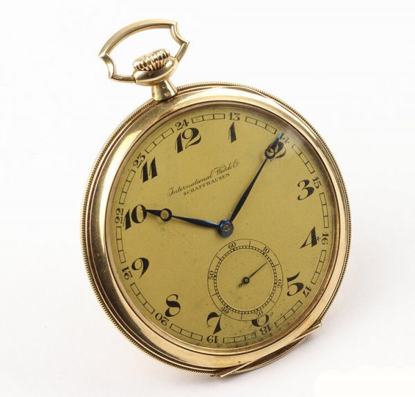IWC Vintage 14ct Yellow Gold Manual Pocket Watch, gold colour dial with Arabic numerals, blued steel hands and small seconds at 6, Circa 1940s