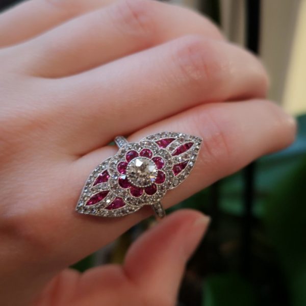 Belle Epoque Style Ruby and Diamond Cluster Plaque Ring