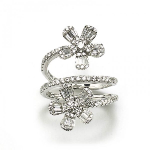 Modern Diamond Double Flower Dress Ring, featuring two diamond set flowers on a micro pavé diamond set three row spiral shank, 1.19 carat total, in 14ct white gold
