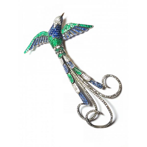 Sapphire, Emerald and Diamond Bird of Paradise Brooch, with ruby eyes, in silver upon gold