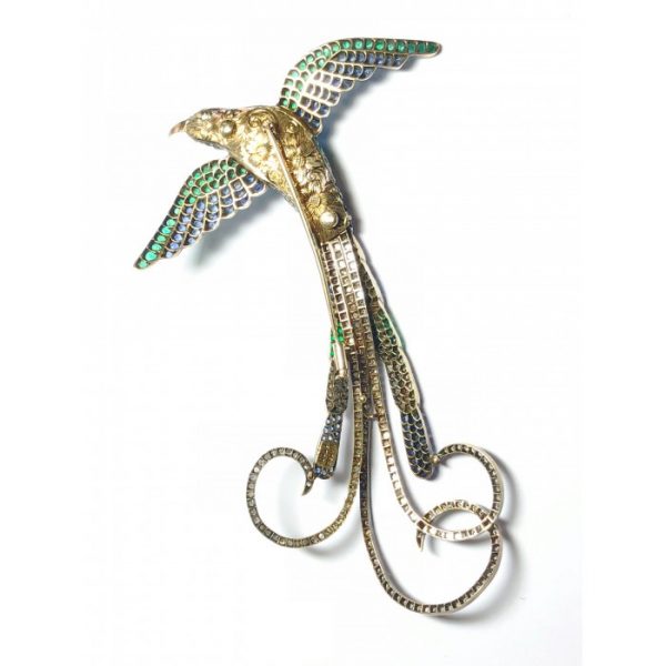 Sapphire, Emerald and Diamond Bird of Paradise Brooch in silver upon gold