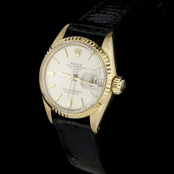 Vintage Rolex Ladies Datejust 18ct Yellow Gold Automatic Watch with Rare Silver Dial, Ref 6517-8, on original Rolex leather strap, Circa 1969