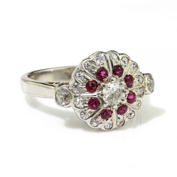 Vintage Ruby and Diamond Cluster Dress Ring in 18ct White Gold