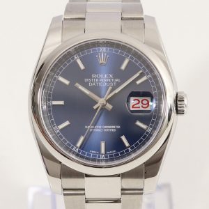 Rolex Datejust 116200 Steel 36mm Automatic Watch with Blue Dial, roulette date wheel, screw-locked crown and sapphire glass crystal, on a stainless Steel Oyster bracelet with fold-over clasp, Year 2014, with Rolex box and papers