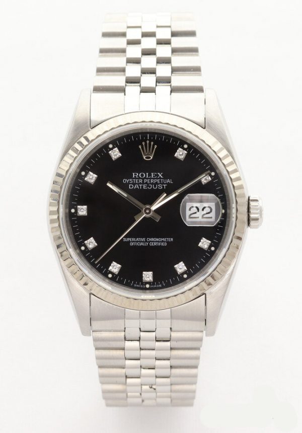 Rolex Datejust 16234 Steel Automatic Watch with Diamond Dial; 36mm stainless steel case with white gold bezel, Rolex factory original black dial with diamond hour markers, date indicator and sapphire crystal, on a stainless Steel Jubilee bracelet with fold-over clasp, Year 1991, with Rolex box