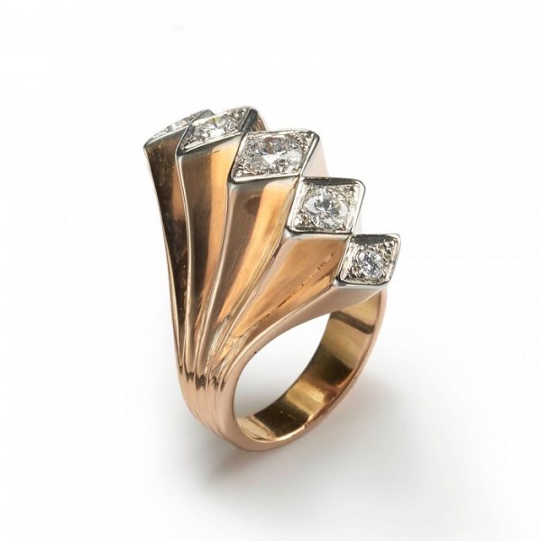 Vintage 1940s Diamond Five Row Fan Cocktail Ring in 18ct Yellow Gold