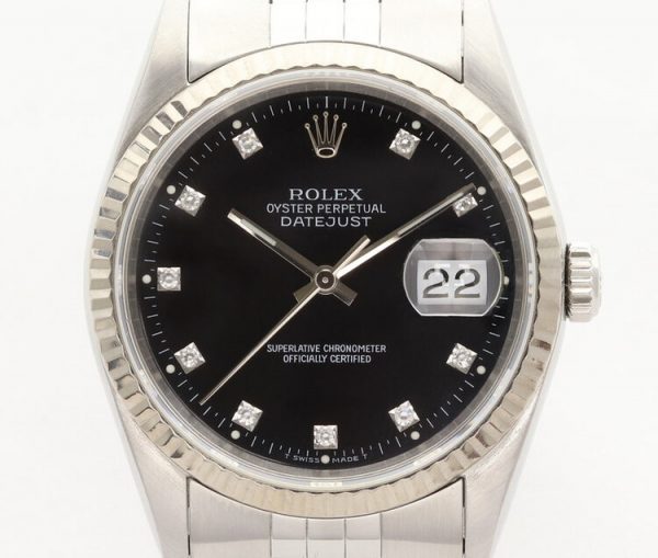 Rolex Datejust 16234 Steel 36mm Automatic Watch with Black Diamond Dial, Year 1991, with Rolex box