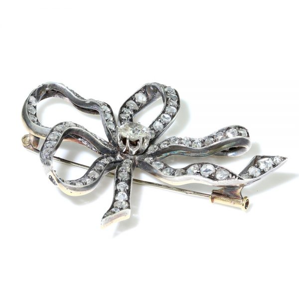Antique Old Cut Diamond Bow Brooch, 6.55 carat total