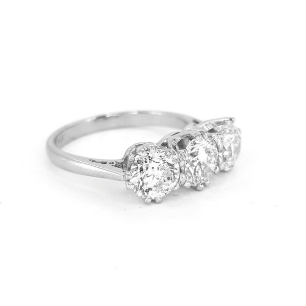 Diamond Three Stone Ring in Platinum, 2.34 carat total, featuring three G colour round brilliant-cut diamonds claw-set and mounted in platinum