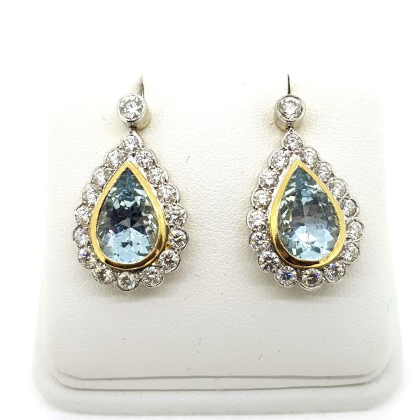 4ct Aquamarine and Diamond Pear Shaped Cluster Earrings