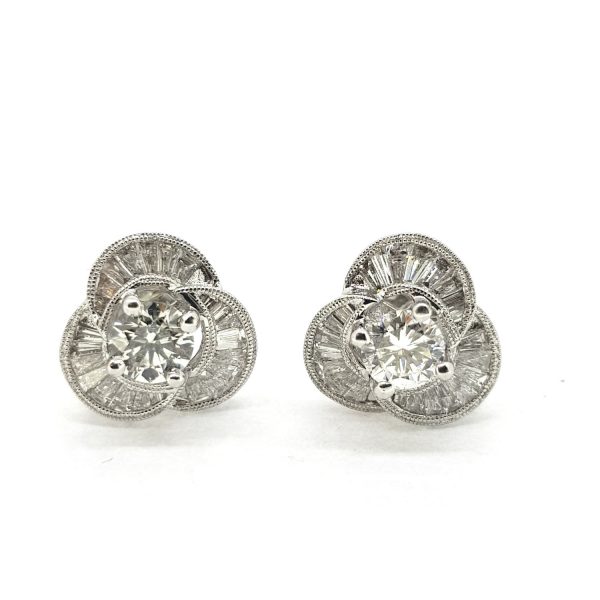 Baguette and Brilliant Diamond Floral Cluster Stud Earrings