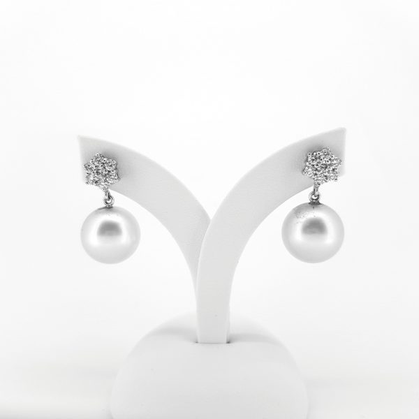 South Sea Pearl and Diamond Cluster Drop Earrings