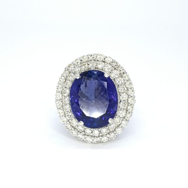 9.89ct Oval Tanzanite and Diamond Double Halo Cluster Dress Ring