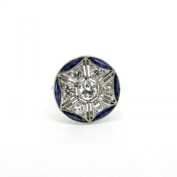 French Calibre Cut Sapphire and Diamond Cluster Dress Ring in Platinum