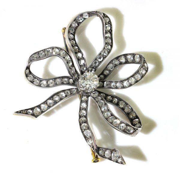 Antique Old Cut Diamond Bow Brooch, 6.55 carat total