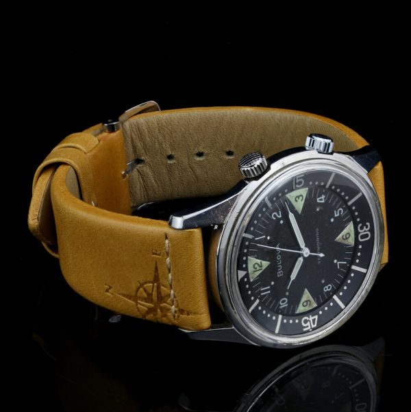 Bulova Oversized Supercompressor Vintage Diver 42mm Automatic Watch, on a tan brown leather strap, Circa 1960s