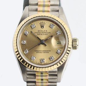 Rolex Lady Datejust 18ct Tridor 69179B Automatic 26mm Watch with Diamond Dial, on tri-colour 18ct Tridor Gold President bracelet, with Rolex box