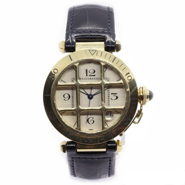 Cartier Pasha 18ct Yellow Gold 38mm Automatic Watch with Removeable Grill, Ref 1021, 18ct rotating bezel, on Cartier black leather strap with Cartier 18ct yellow gold deployant clasp, in a Cartier box
