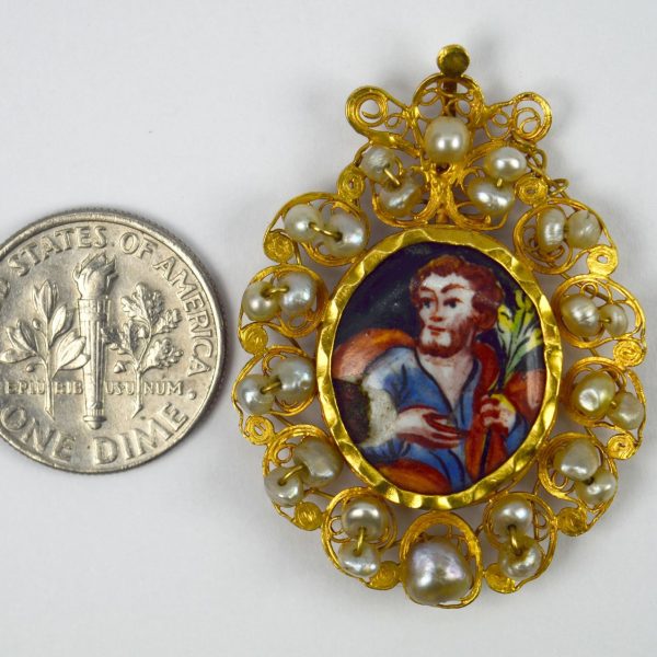 Antique Devotional Saint Joseph Yellow Gold Pearl Enamel Pendant, Circa 17th century