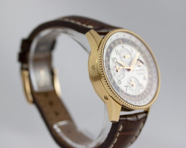 Breitling Montbrilliant Olympus Limited Edition 18ct Gold Watch; 1 of 250 pieces, 42mm 18ct pink gold case, silvery white dial, with moon phase, chronograph and calendar functions, automatic self-winding movement, on brown leather strap, with Breitling box and chronometer papers