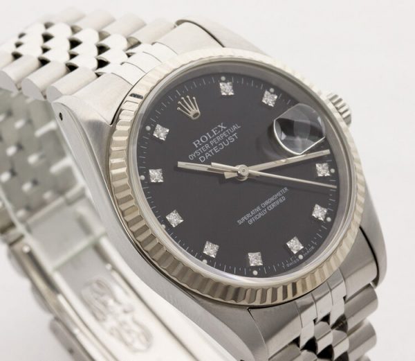 Rolex Datejust 16234 Steel 36mm Automatic Watch with Black Diamond Dial, Year 1991, with Rolex box