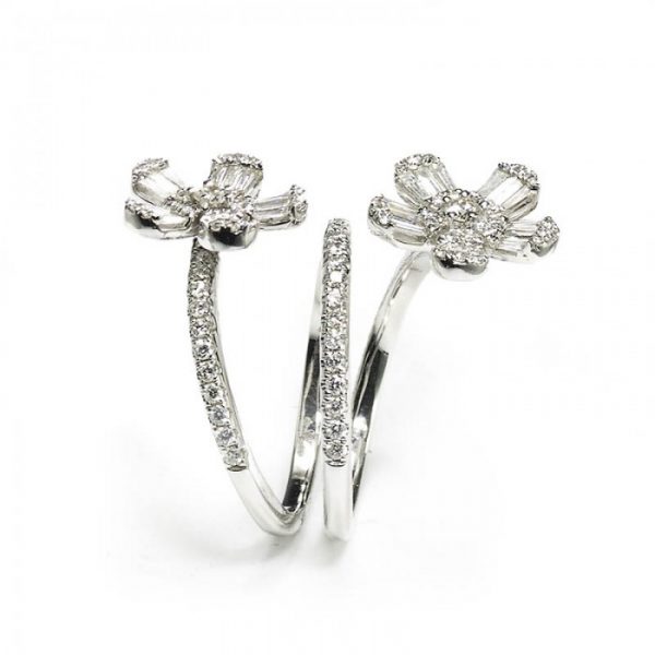 Modern Diamond Double Flower Dress Ring, featuring two diamond set flowers on a micro pavé diamond set three row spiral shank, 1.19 carat total, in 14ct white gold