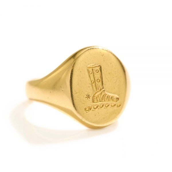A Unique Vintage 18ct Yellow Gold Seal Ring with Cowboy Boot Seal, Made in England, Sheffield, Circa 1970, Maker's mark PE, Ring size P (UK) 8 (US)