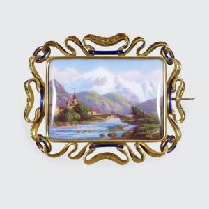 Antique Victorian Swiss Scene Brooch with Enamel Detailing