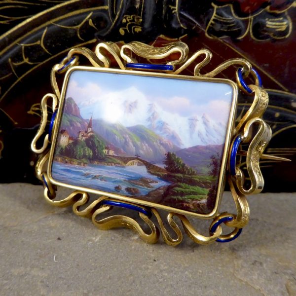 Antique Victorian Swiss Scene Brooch with Enamel Detailing