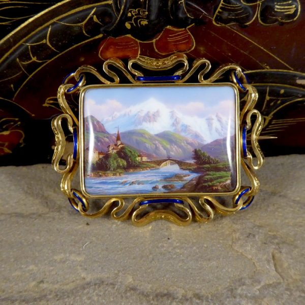 Antique Victorian Swiss Scene Brooch with Enamel Detailing